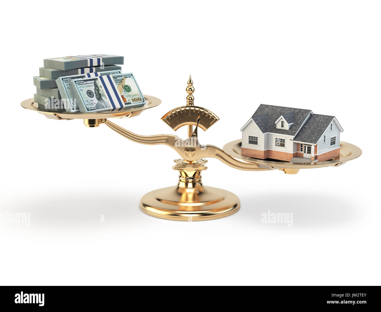 Waagen mit Haus und Geld. Immobilien-Investitionen-Konzept. 3D illustration Stockfoto