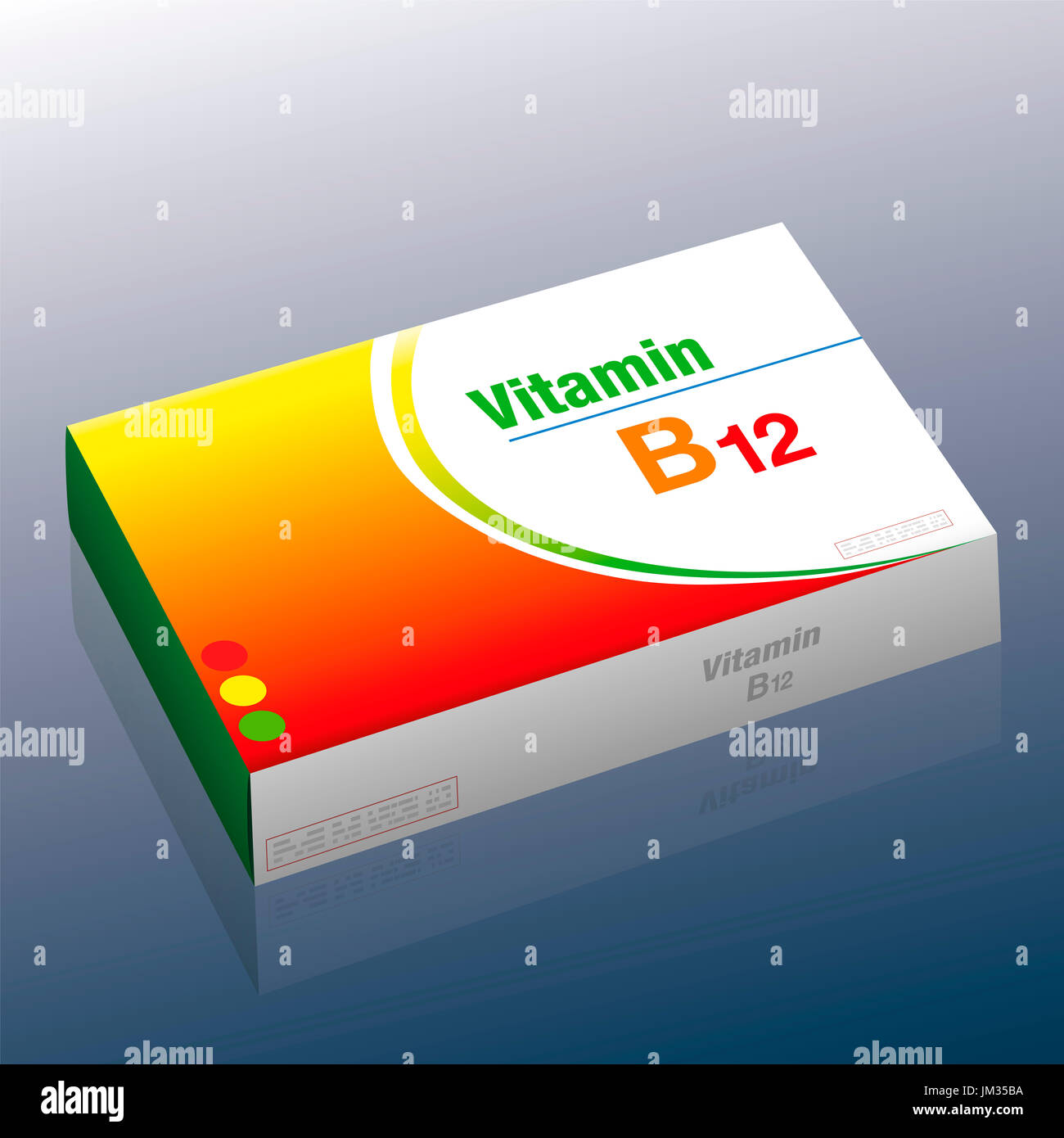 Vitamin B12 Pillen - als Ergänzung zur gesunden Ernährung und bewusste Ernährung für Vegetarier und Veganer - medizinische Dummy-Paket mit Tabletten, Handelsverluste Stockfoto