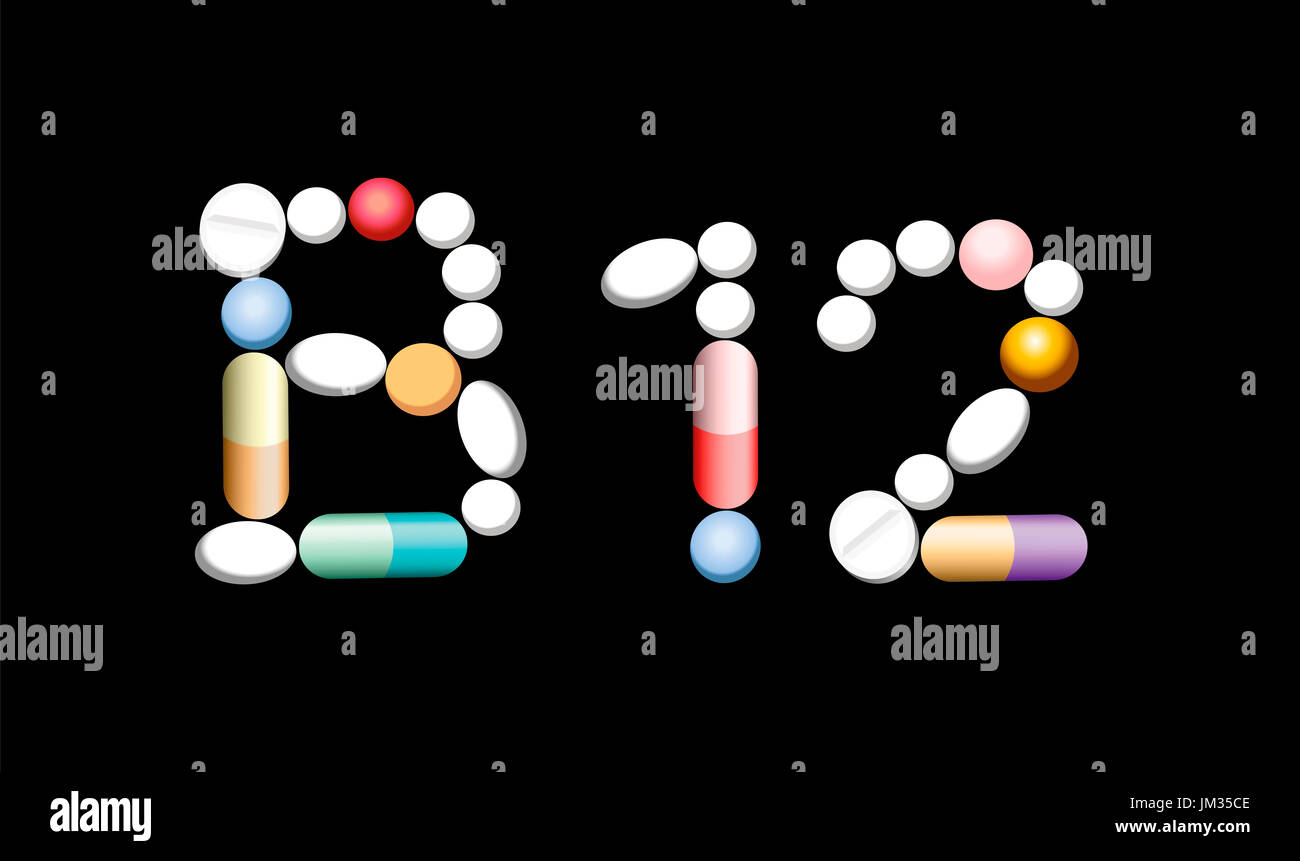 VITAMIN B12 - geschrieben mit Pillen, Tabletten und Kapseln, symbolisch für künstliche, synthetische oder natürliche Ergänzung für Vegetarier und Veganer. Stockfoto