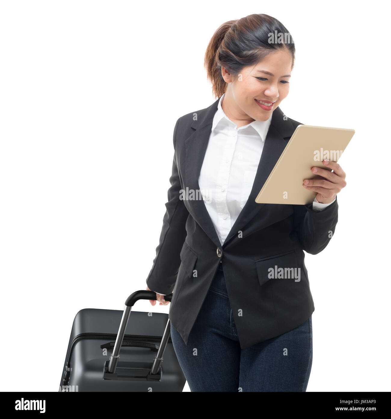 Geschäftsfrau Hand Holding Tablet beim Gepäck Stockfoto