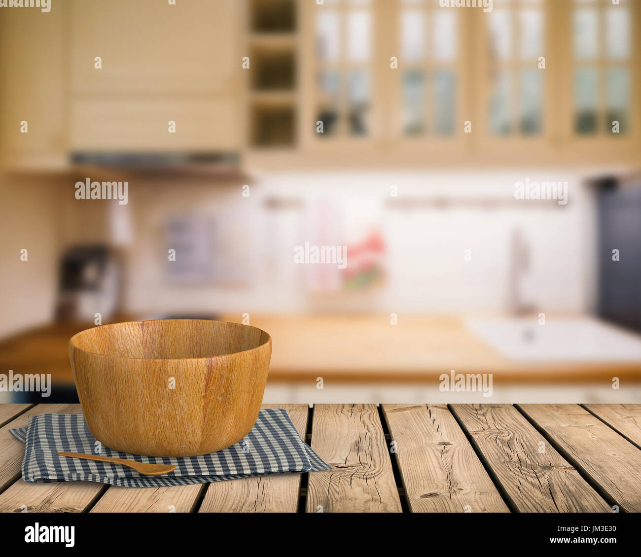 3D Rendering Geschirr auf hölzernen Theke mit Küche verschwommen Hintergrund Stockfoto