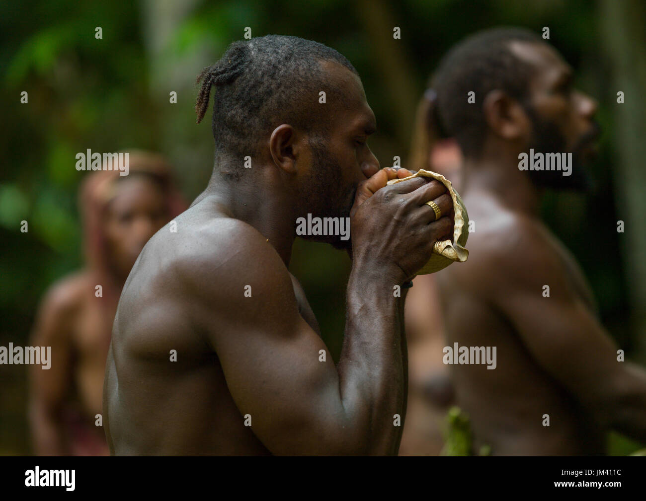 Großen Nambas Stammesangehörige bläst in eine Schale, Provinz Malampa, Malekula Insel, Vanuatu Stockfoto