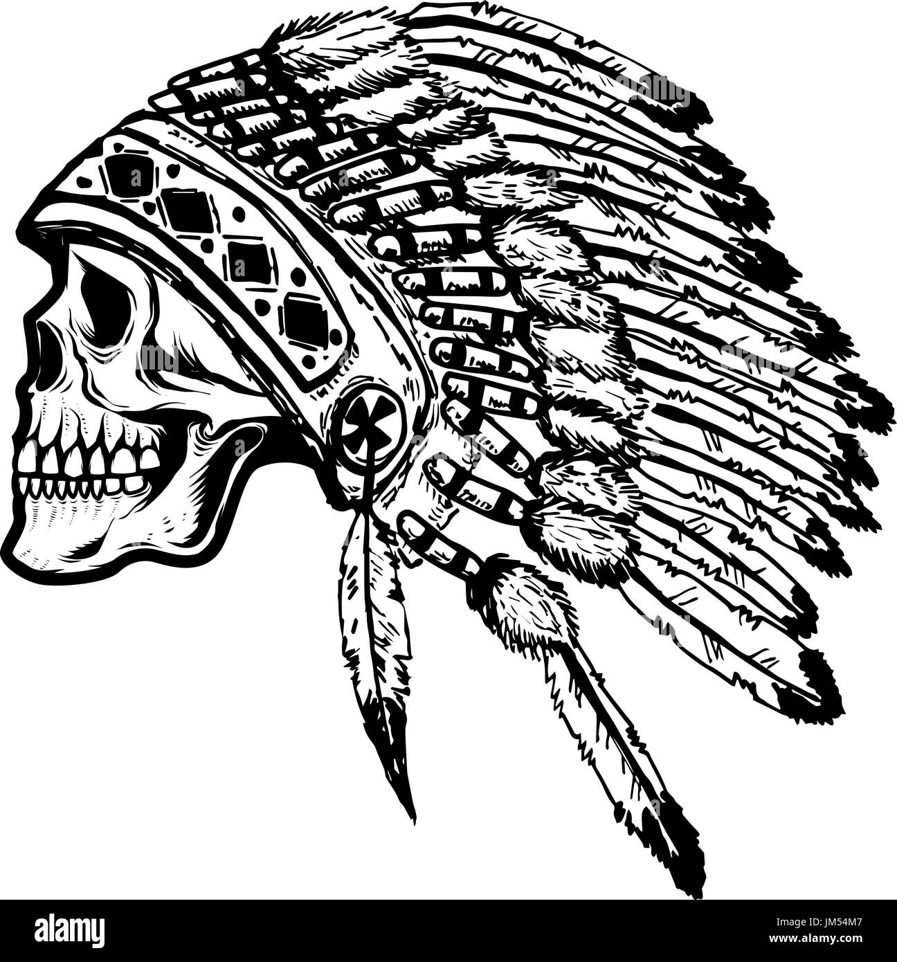 Schädel in native american indian chief Kopfschmuck. Gestaltungselement für Poster, T-shirt. Vektor-Illustration. Stock Vektor