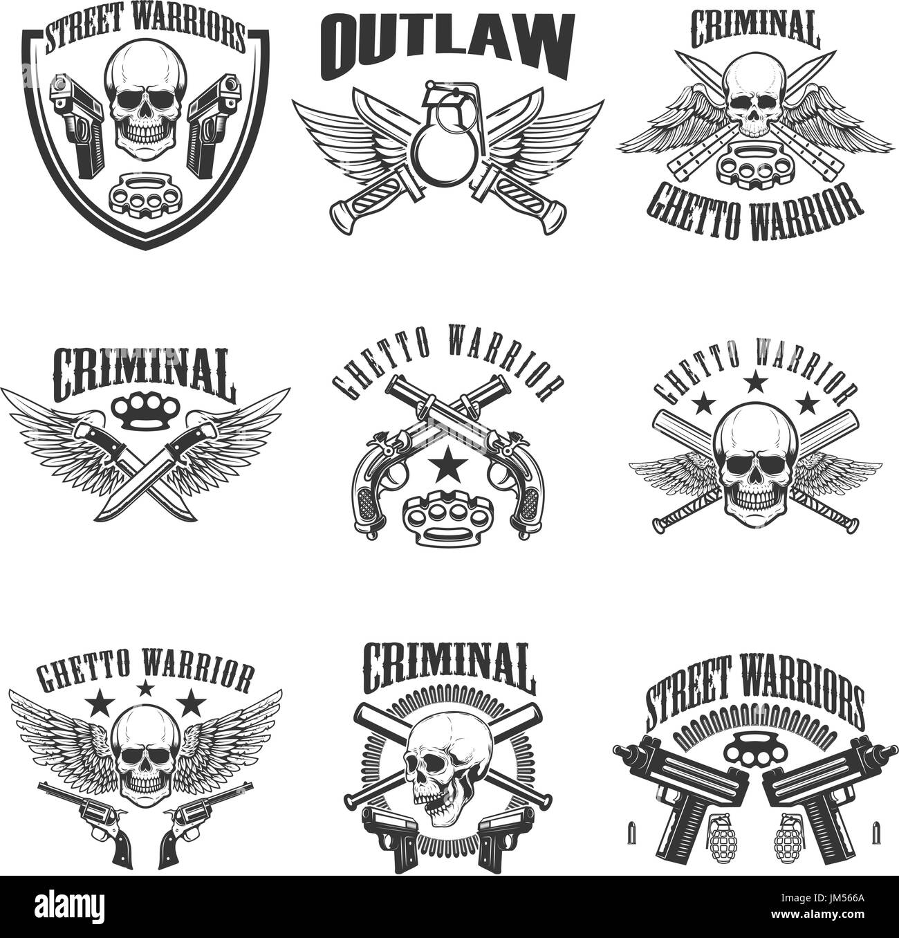 Festlegen der Outlaw, Kriminelle, Straße Krieger-Embleme. Schädel mit Flügel, Waffen und Schwerter. Design-Elemente für Label, Wahrzeichen, Zeichen, Plakat, Logo, T-shirt. V Stock Vektor