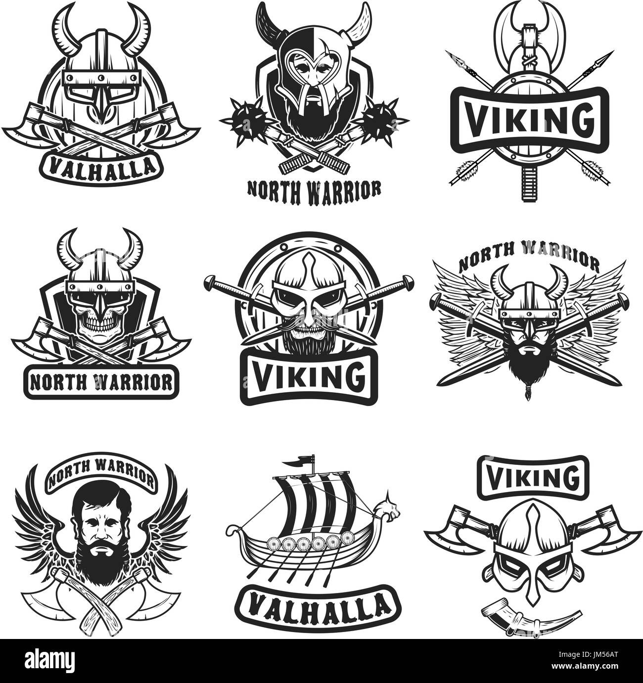 Satz von Vintage Viking Etiketten. Wikinger-Krieger in gehörnten Helm, mit Bart, gekreuzt, Äxte, Schwerter, Schild. Design-Elemente für Label, Emblem, Logo, Zeichen Stock Vektor