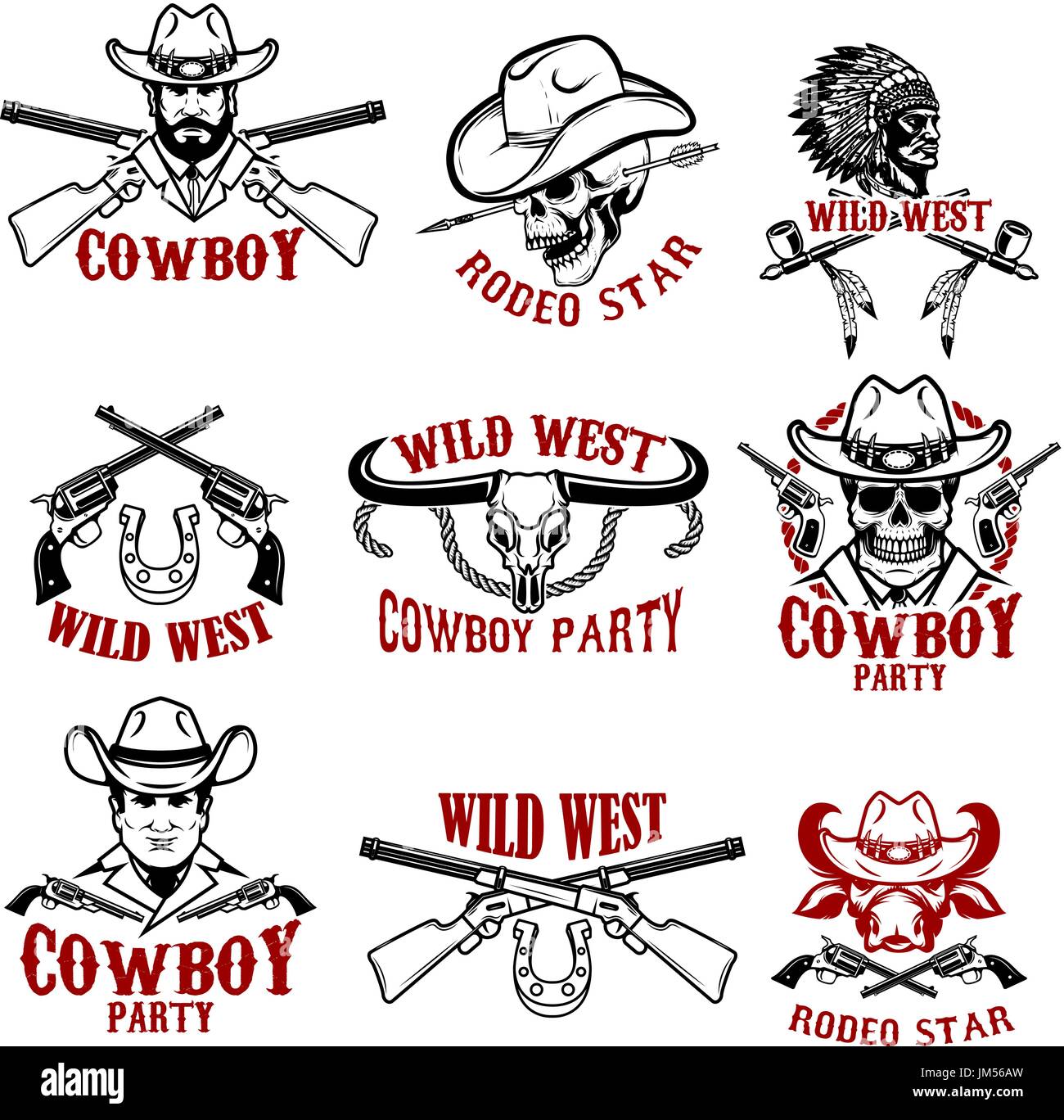 Satz von Wild-West-Embleme. Cowboy, Waffe, gebürtige Amerikaner. Design-Elemente für Label, Wahrzeichen, Zeichen. Vektor-Illustrationen. Stock Vektor