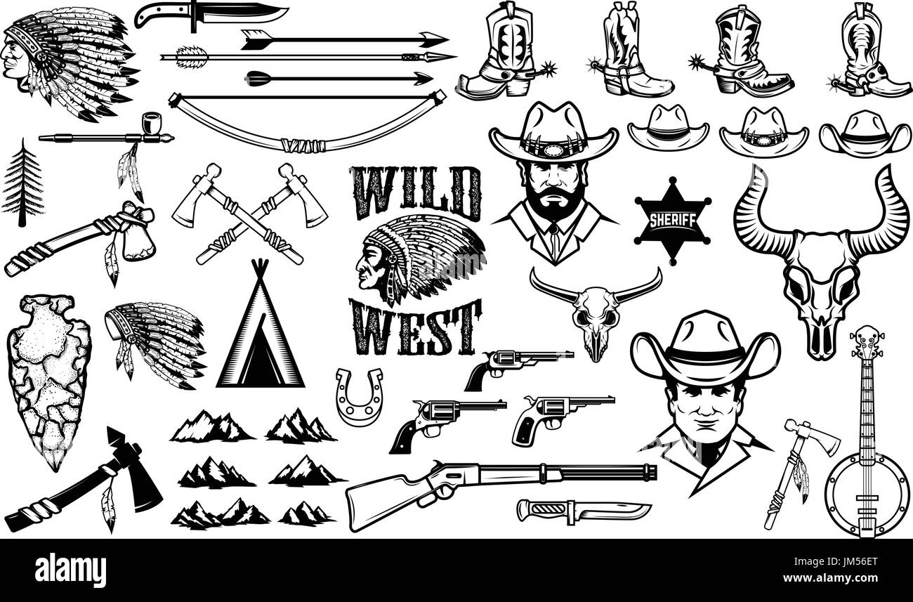 Große Reihe von Wildwest-Icons. Cowboys, Indianer, Vintage Waffe. Design-Elemente für Label, Emblem, Zeichen, Logos, Abzeichen. Vektor-illustration Stock Vektor