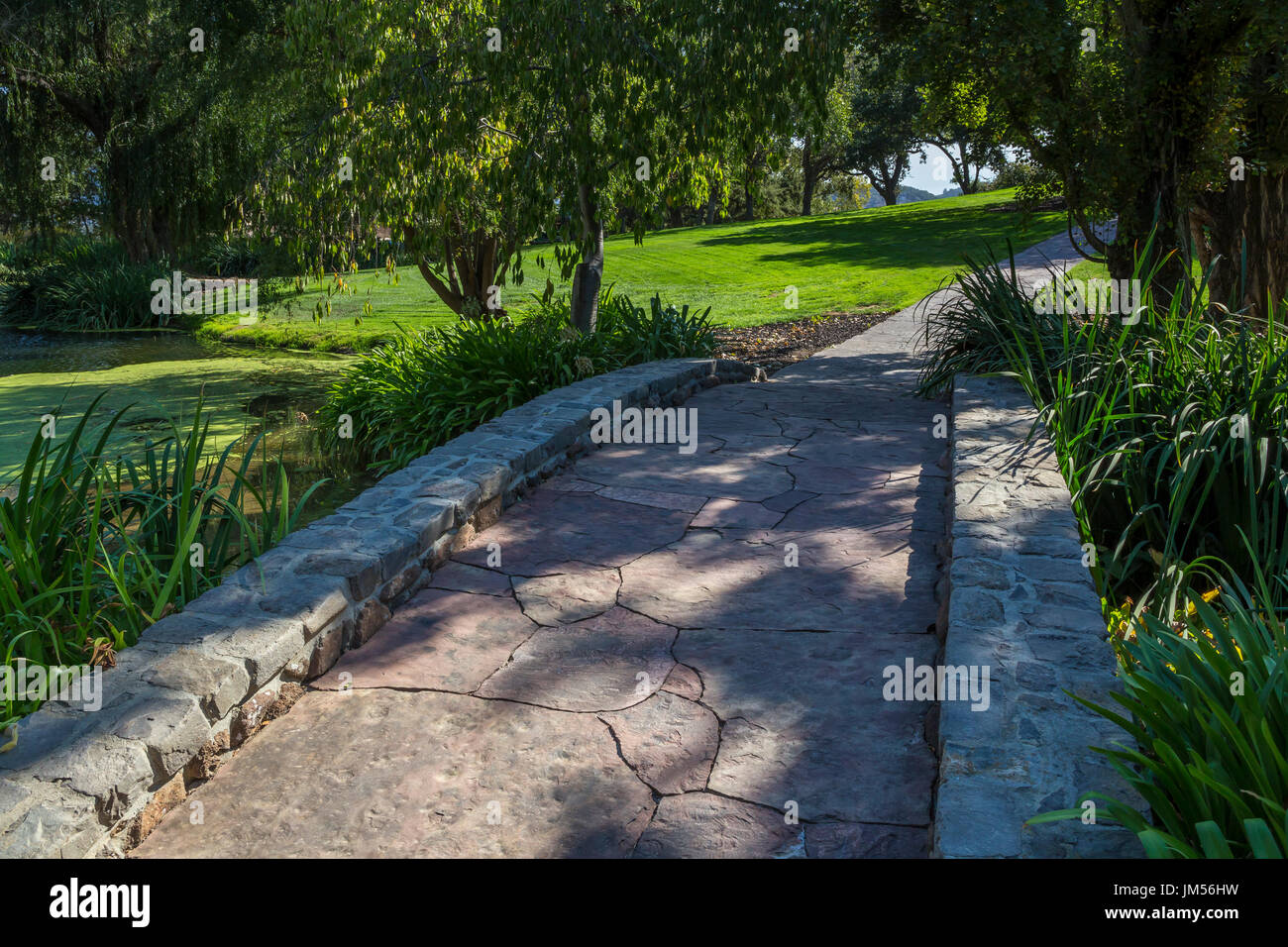 Stein-Brücke, Steinplatte Gehweg, gepflegten Garten, weit Niente Weingut, Oakville, Napa Valley, Napa County, Kalifornien Stockfoto