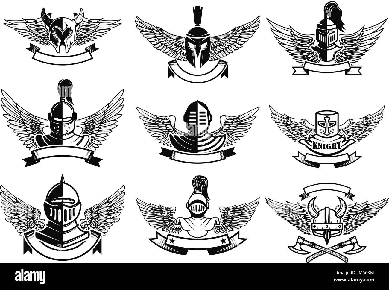Satz von Embleme mit Helmen und Flügel. Design-Elemente für Emblem, Label, Marke, Zeichen. Vektor-illustration Stock Vektor