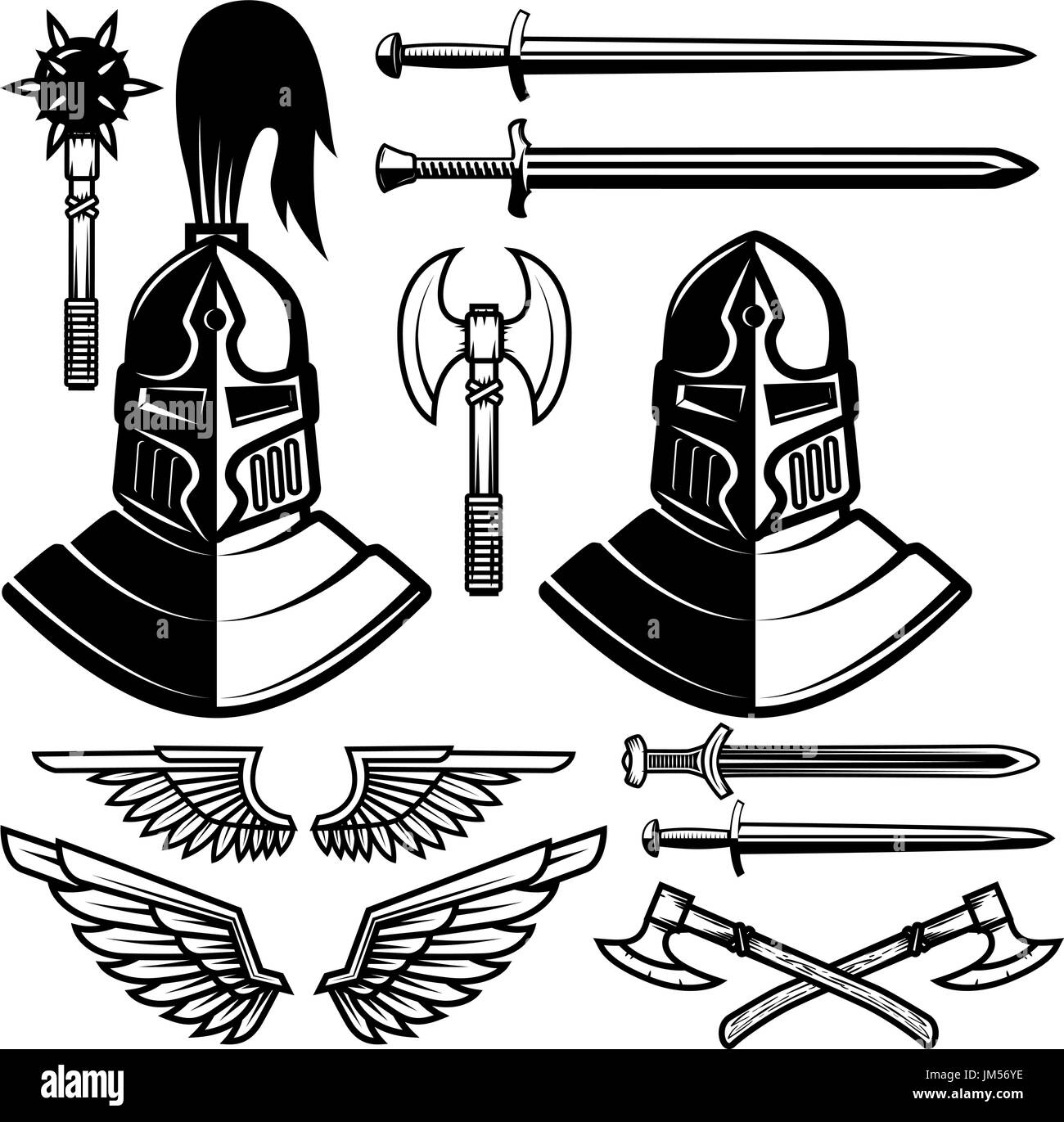 Ritter, Helme, Schwerter, Äxte. Design-Elemente für Label, Emblem, Logo, Zeichen. Vektor-illustration Stock Vektor