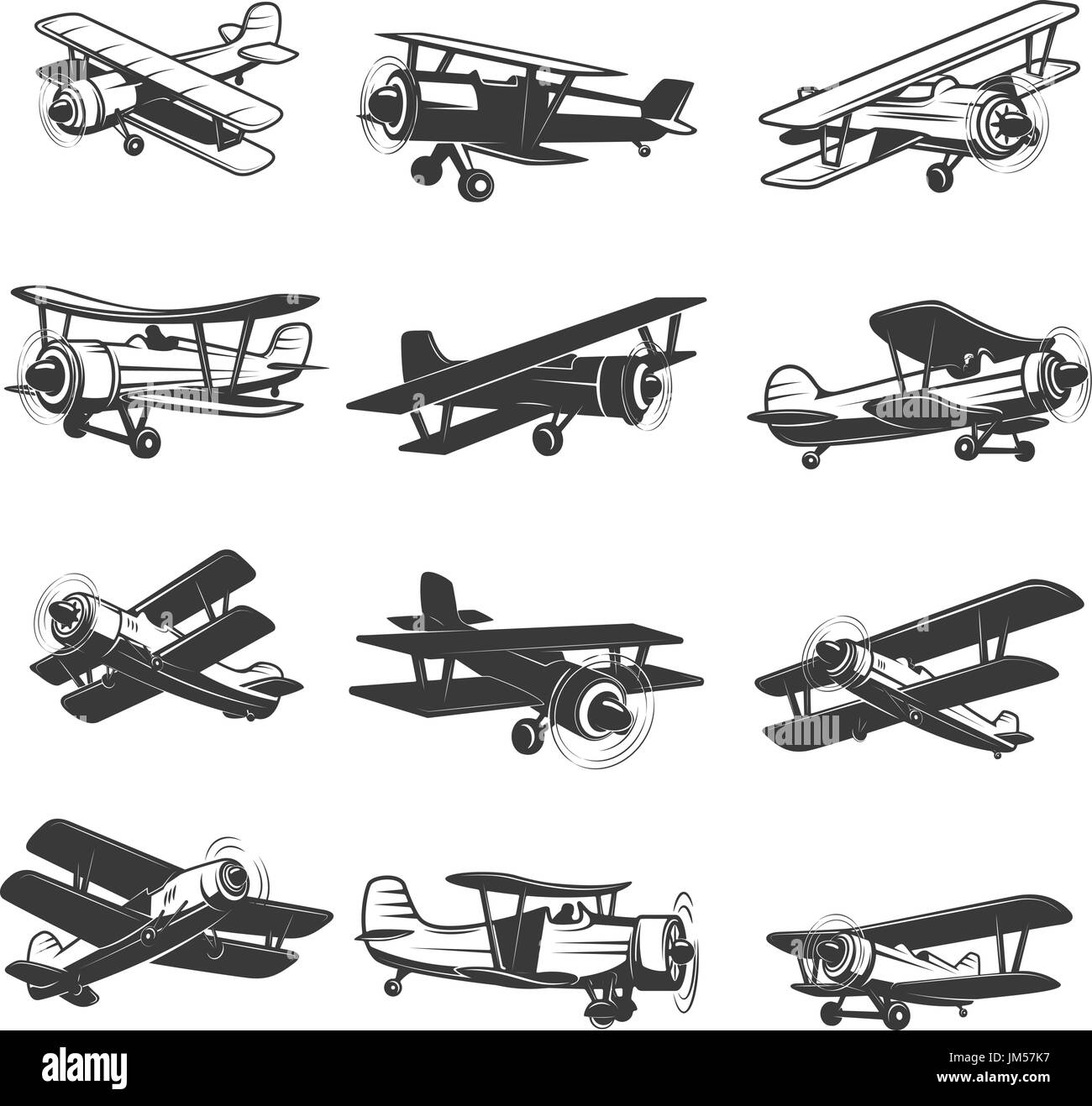 Set von Oldtimer-Flugzeugen Icons. Flugzeug-Abbildungen. Design-Element für Label, Emblem, Logo, Zeichen. Vektor-Illustration. Stock Vektor