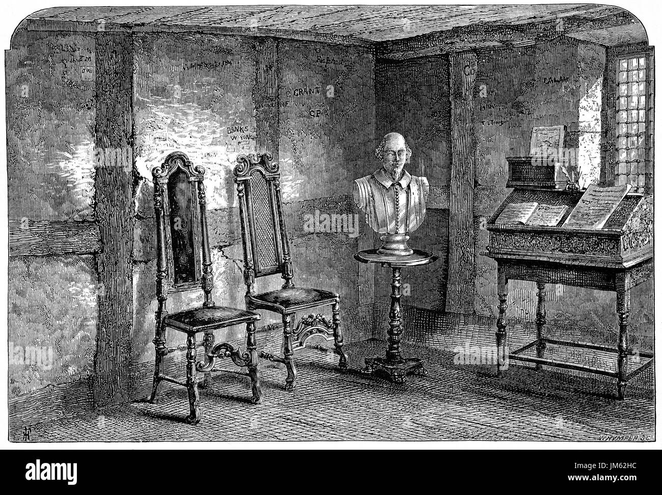 1870: das Zimmer, wo William Shakespeare, in das 16. Jahrhundert, Henley Street, London, Warwickshire, England geboren wurde, Stockfoto
