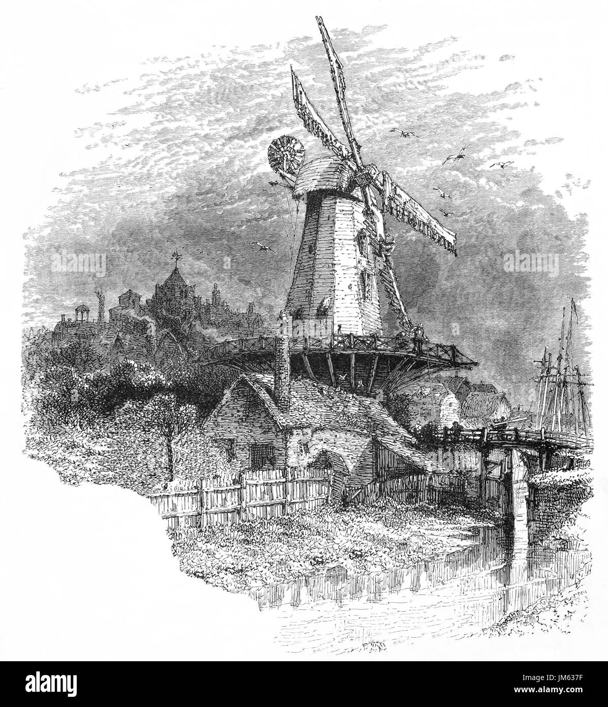 1870: die alte Windmühle, AKA Gibbet Mühle oder Barrys Mühle. Eine Mühle hat seit 1596 an der Stelle stand, und eine Bockwindmühle ist bekannt, hier im Jahre 1758 gebaut worden. Galgen-Mühle wurde im Jahre 1824, den Namen Barry Mühle aus einer frühen Miller gebaut. Roggen, einer kleinen Stadt in East Sussex, innerhalb der historischen Grafschaft Sussex, England. Stockfoto