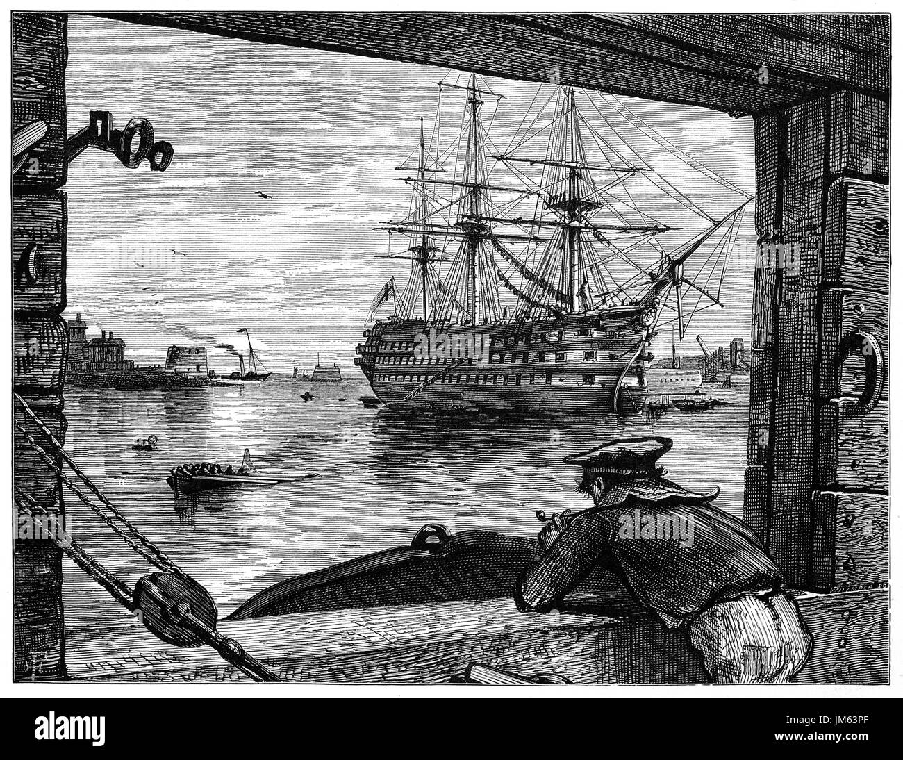 1870: 1870: eine alte Teer (Segler) HMS Victory in Portsmouth Harbour aus Gosport anzeigen. Sie ist ein 104 Kanonen erstklassige Linienschiff der Royal Navy, ordnete im Jahre 1758, 1759 festgelegt und startete im Jahre 1765. Sie ist bekannt für ihre Rolle als Lord Nelsons Flaggschiff in der Schlacht von Trafalgar 1805. Hampshire, England. Stockfoto