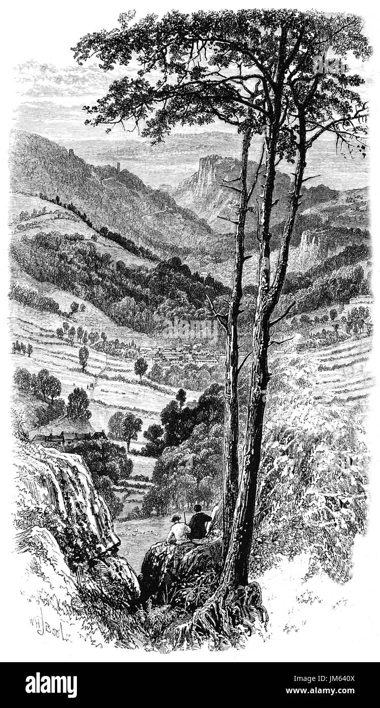 1870: ein Blick vom schwarzen Felsen, einem Felsvorsprung Gritstone geformt durch Wind und Regen. Hoch über dem Dorf Cromford mit Cromford Moor dahinter bietet einen herrlichen Ausblick auf das Derwent Tal rund um Matlock, Derbyshire, England Stockfoto