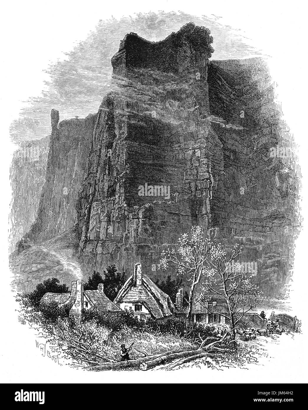 1870: Castle Rock überragt das Dorf Middleton in Middleton Dale, Derbyshire, England Stockfoto