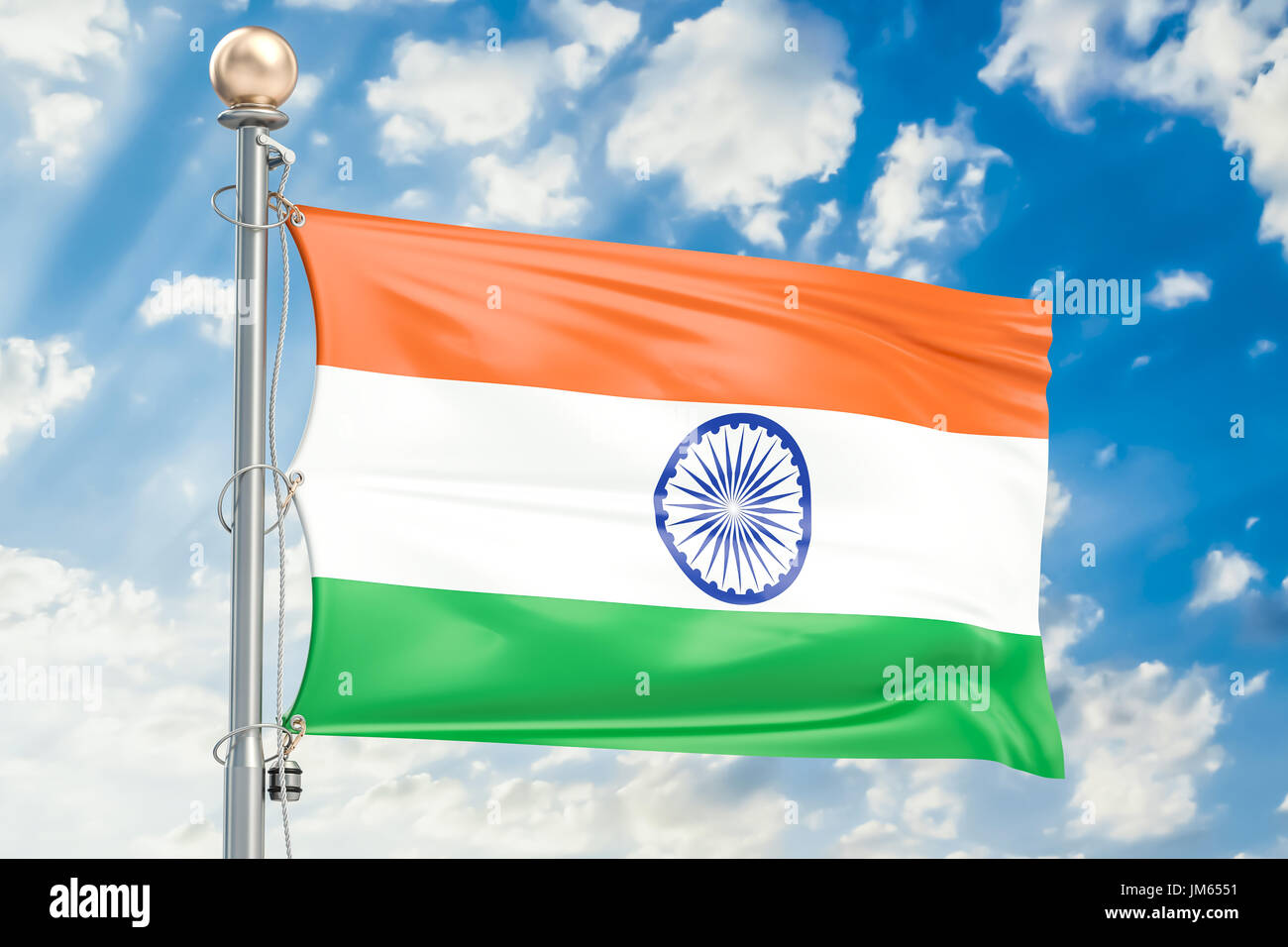 Indische Flagge winken in blauen Wolkenhimmel, 3D rendering Stockfoto