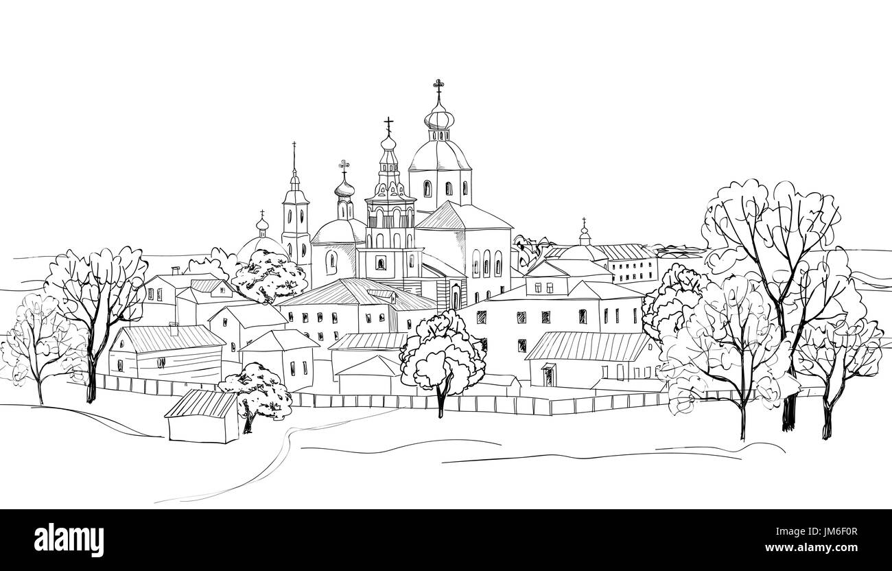 Alte russische Stadt Landschaft Hand gezeichnet Vector Illustration. Susdaler Kreml. Blick von suzdal Stadtbild. den goldenen Ring von Russland. Stockfoto