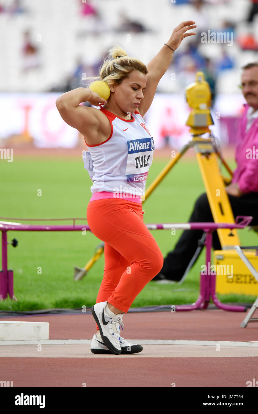 Raoua Tlili in Para der Leichtathletik-Weltmeisterschaft in London Stadium konkurrieren. Kugelstoß Frauen F41 für Sportler von Kleinwuchs Stockfoto