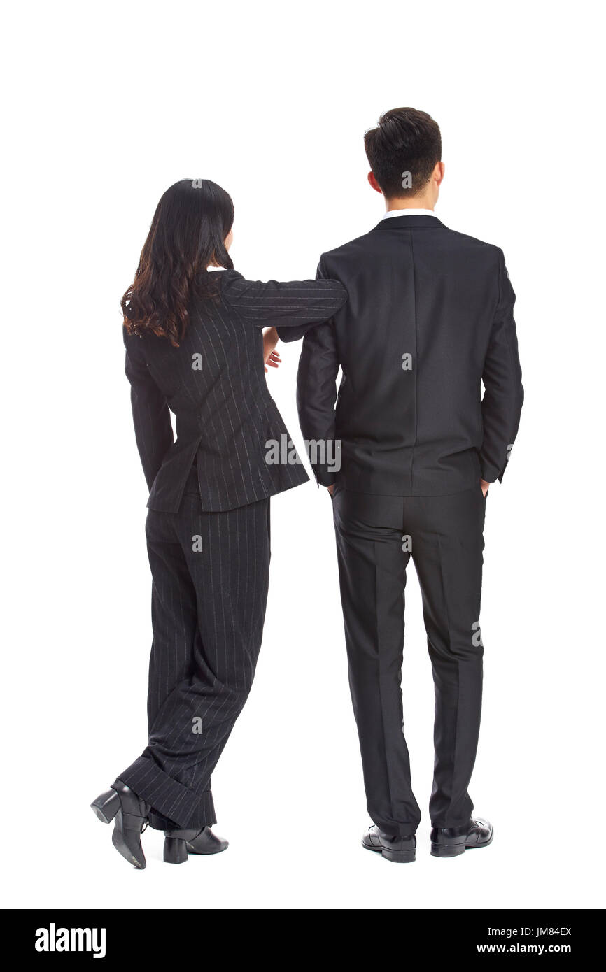 Studioportrait junge asiatische Business-Mann und Frau, Rückansicht, isoliert auf weißem Hintergrund. Stockfoto