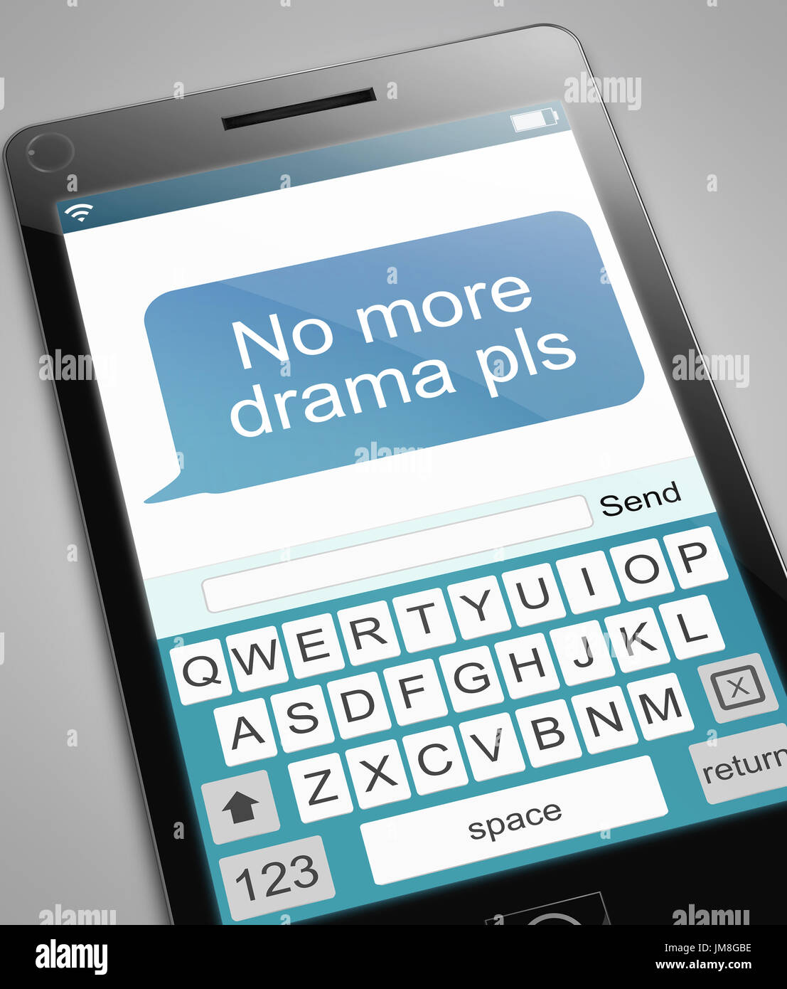 3D Illustration zeigt eine Handy mit einer Nachricht "no more Drama". Stockfoto