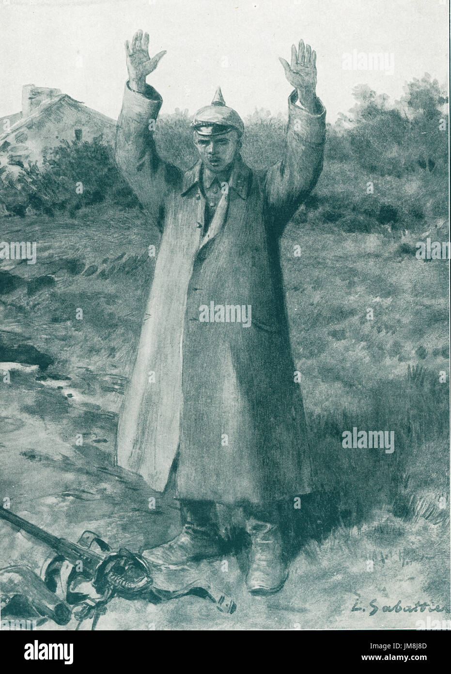 Kamerad! Deutscher Soldat mit Händen Hingabe Stockfoto