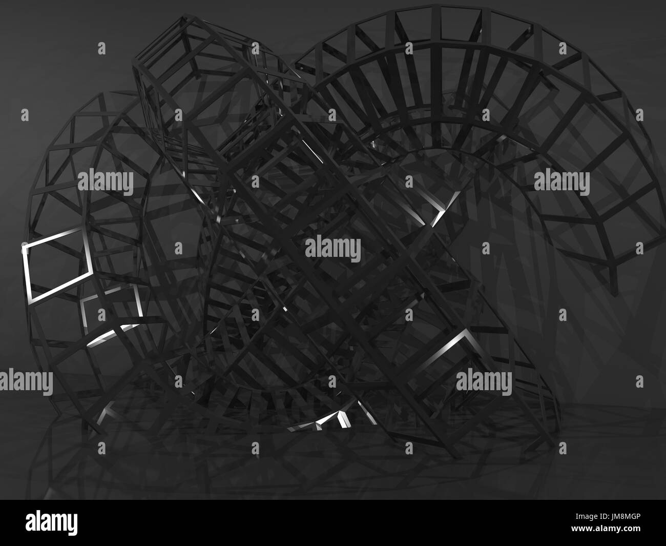 Abstrakte digitale schwarzem, physische Drahtrahmen Struktur Installation. 3D illustration Stockfoto