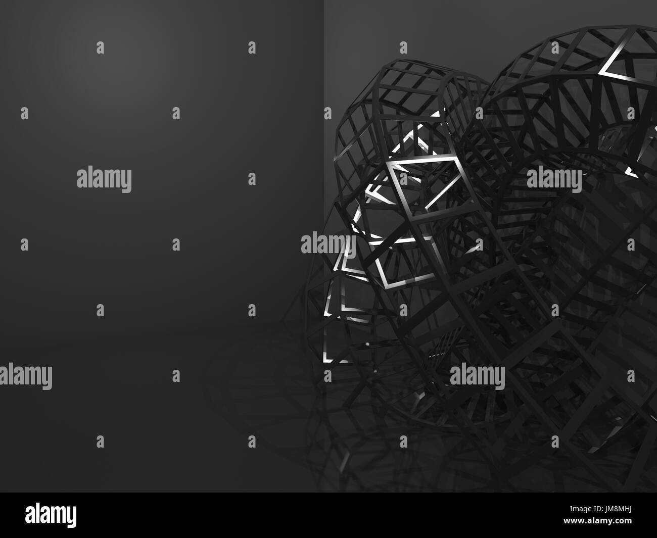 Abstrakt schwarz digitale grafischen Hintergrund, physische Draht-Frame-Struktur im dunklen Raum. 3D illustration Stockfoto