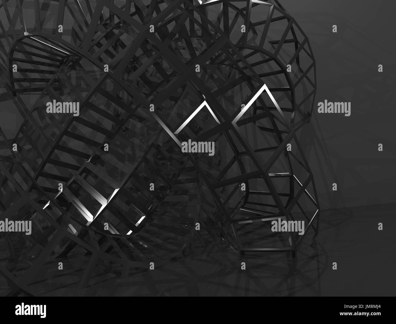 Abstrakt schwarz digitale grafischen Hintergrund, physische Draht-Frame-Struktur im dunklen Raum. 3D Render-illustration Stockfoto