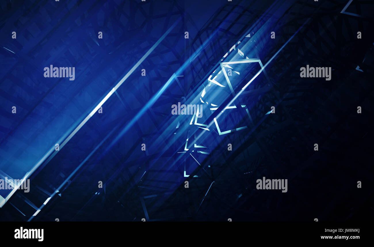 Abstrakte blauen digitalen grafischen Hintergrund, schneidenden physischen Drahtrahmen Strukturen in Dunkelheit. 3D Render-illustration Stockfoto