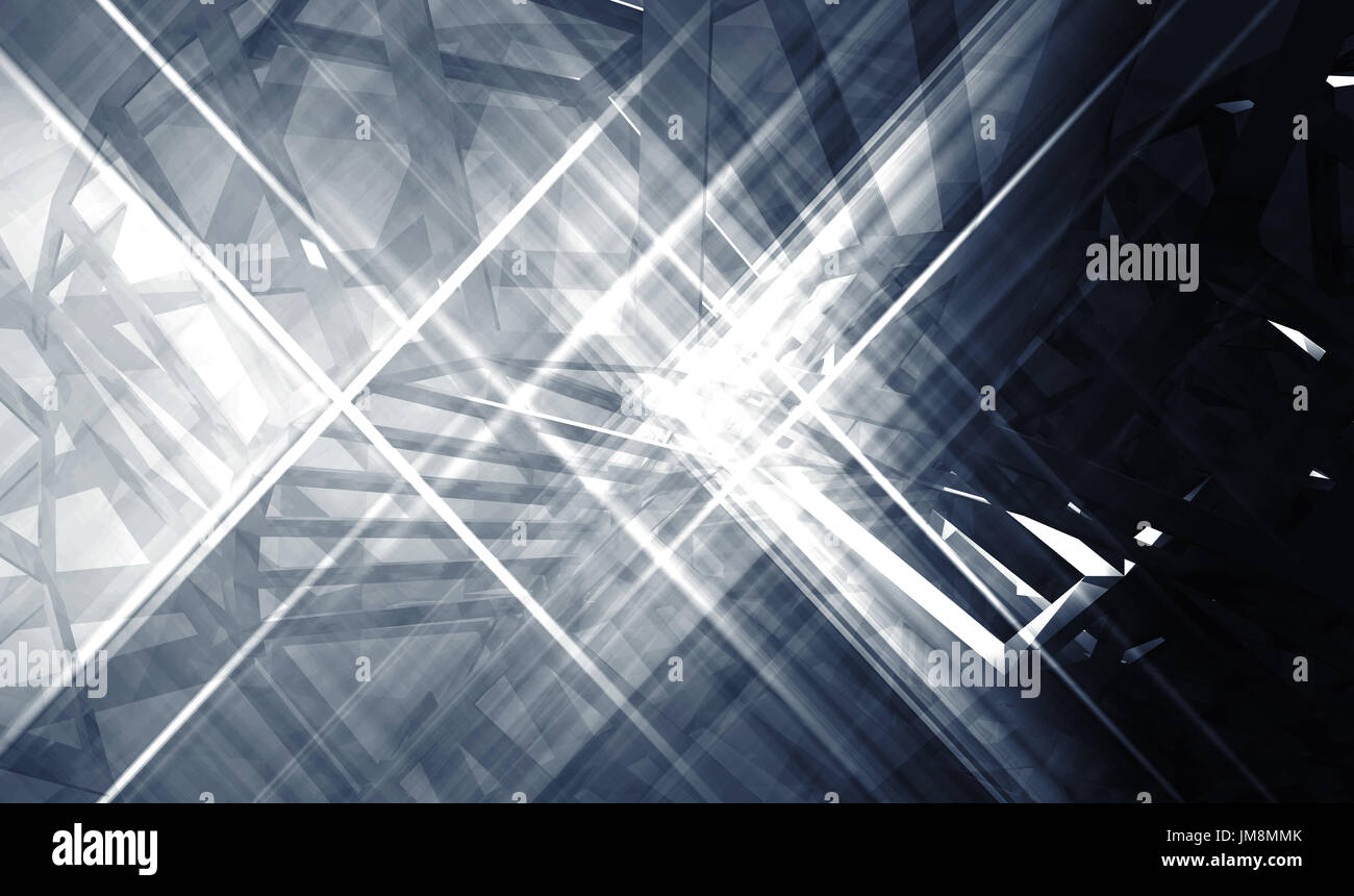 Abstrakte digitale Grafik Hintergrund, schneidenden physischen Drahtrahmen Strukturen und Lichter. 3D illustration Stockfoto