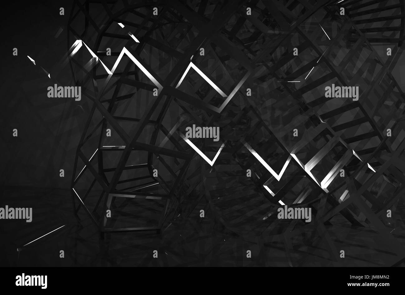 Abstrakt schwarz digitale grafischen Hintergrund, schneidenden physischen Drahtrahmen Strukturen in Dunkelheit. 3D Render-illustration Stockfoto