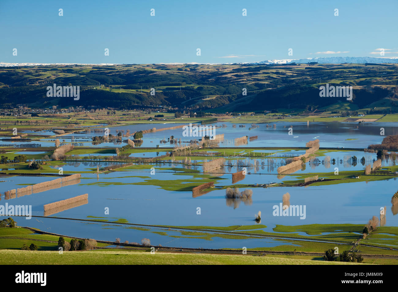 Überfluteten Ackerland auf Taieri Plains, in der Nähe von Mosgiel, Dunedin, Südinsel, Neuseeland Stockfoto
