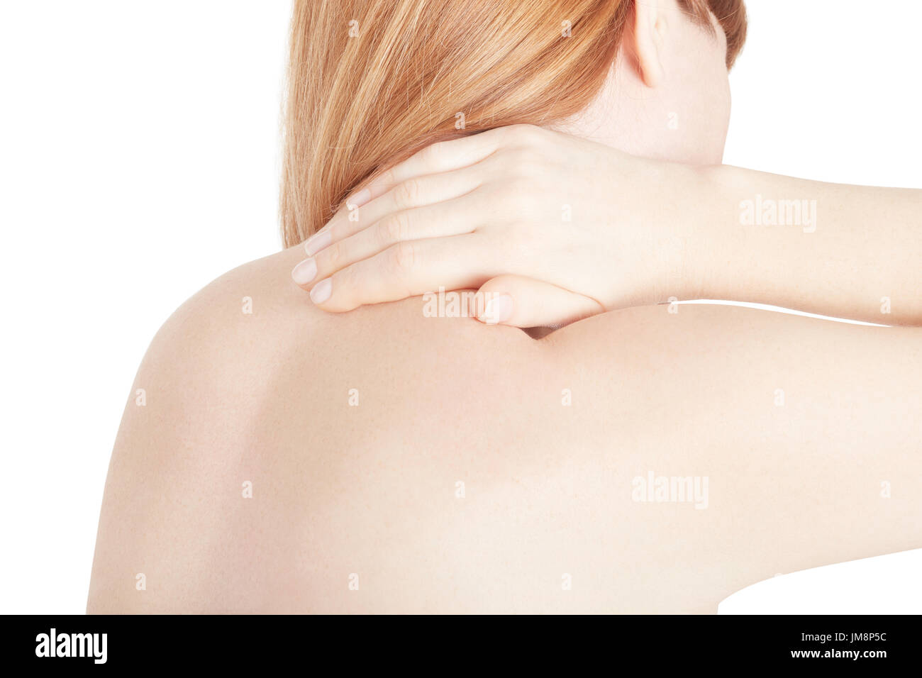 Frau mit Nackenschmerzen, die Berührung mit der Hand des schmerzhaften Teil isoliert auf weiss, Clipping-Pfad Stockfoto