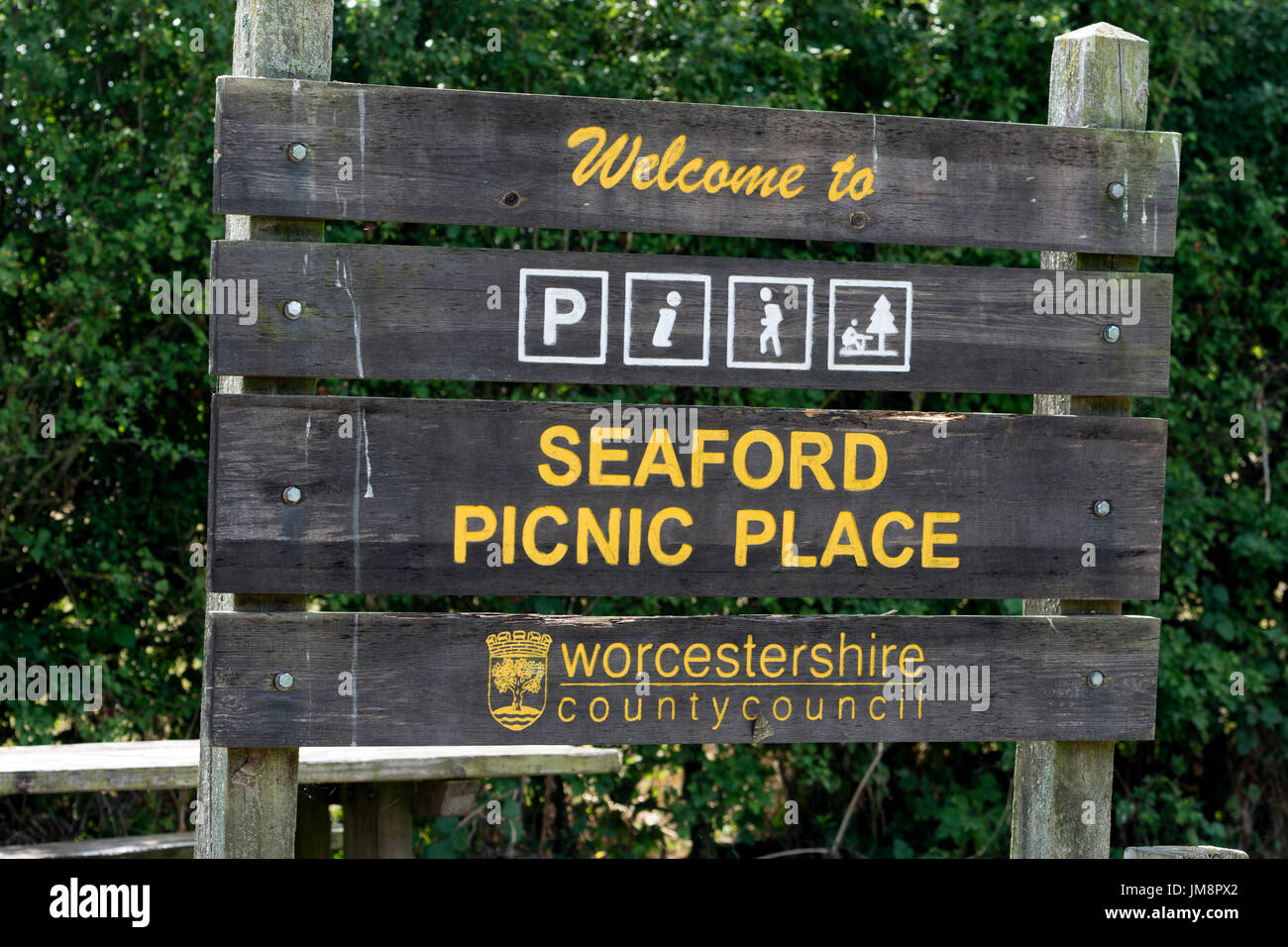 Seaford Picknickplatz unterzeichnen, Seaford Lane, in der Nähe von Naunton Beauchamp, Worcestershire, UK Stockfoto