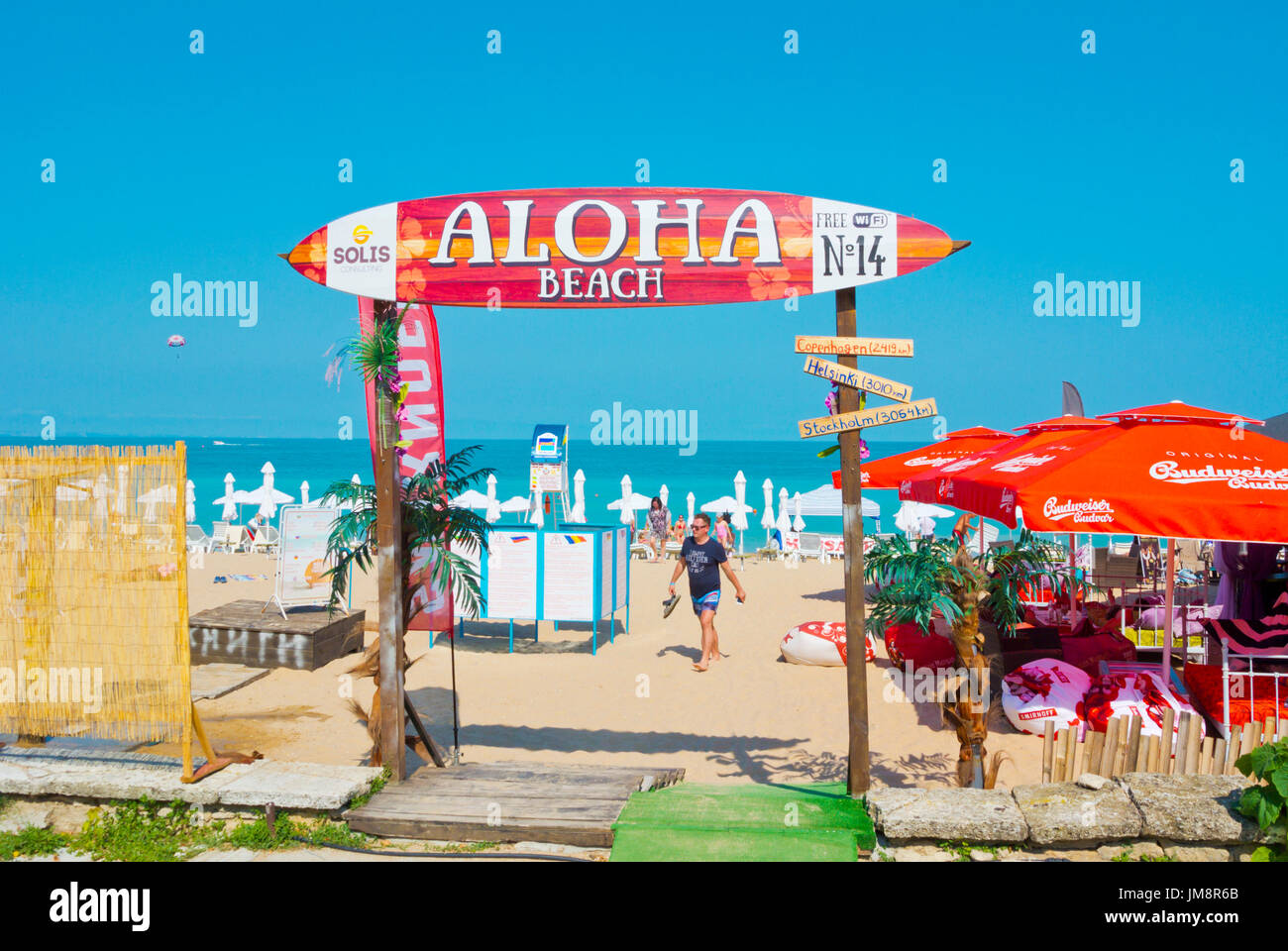 Aloha Beach bar, Rezeption Strand Zlatni Pyasatsi, Goldstrand, Bulgarien Stockfoto