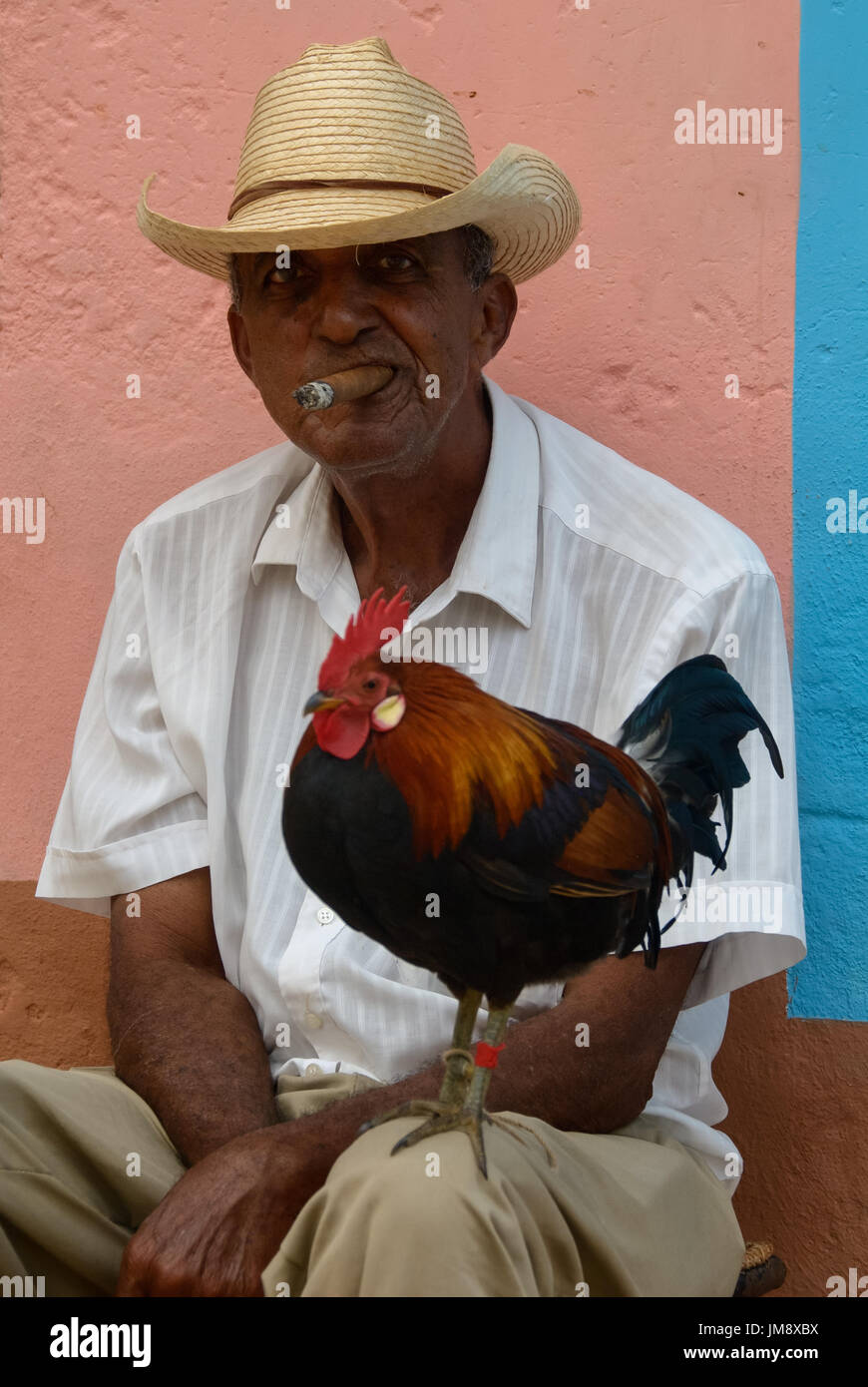 Ein Mann sitzt mit seinem Hahn auf seine Knie und raucht eine Zigarre. In Trinidad, Kuba gedreht. Stockfoto
