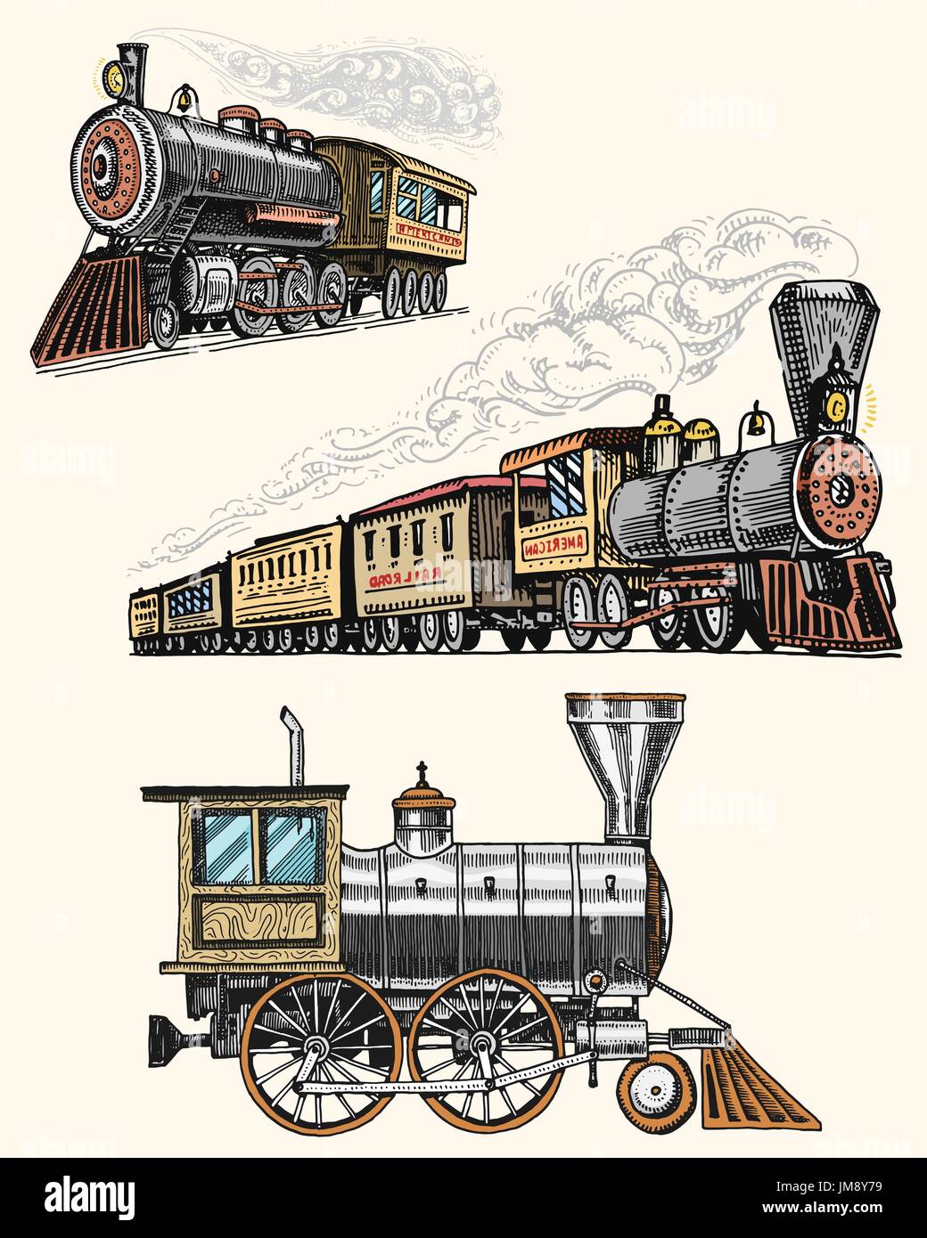 gravierte Jahrgang, Hand gezeichnet, alte Lokomotive oder Zug mit Dampf auf amerikanische Eisenbahn. Retro-Transport. Stock Vektor