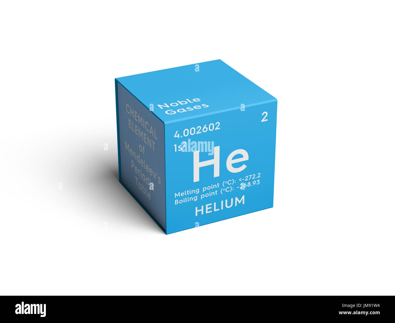 Helium. Edelgase. Chemisches Element von Mendelejews Periodensystem. Helium in quadratische Würfel Kreativkonzept. Stockfoto