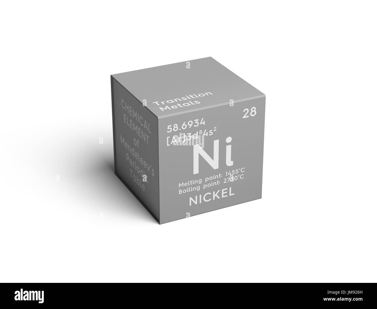 Nickel. Übergangsmetalle. Chemisches Element von Mendelejews Periodensystem. Nickel in quadratische Würfel Kreativkonzept. Stockfoto