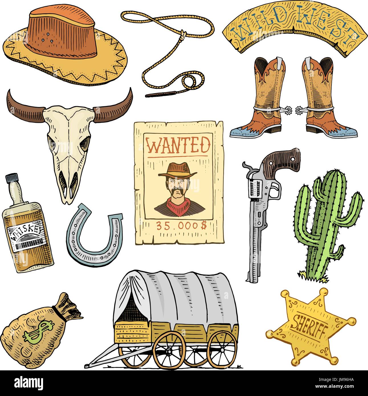 Wilder Westen, Rodeo-Show, Cowboy oder Indianer mit Lasso. Hut und Pistole,  Kaktus mit Sheriffstern und Bison, Booten mit Hufeisen und Steckbrief. Hand  gezeichnet in alten Skizze eingraviert oder und Vintage-Stil  Stock-Vektorgrafik -