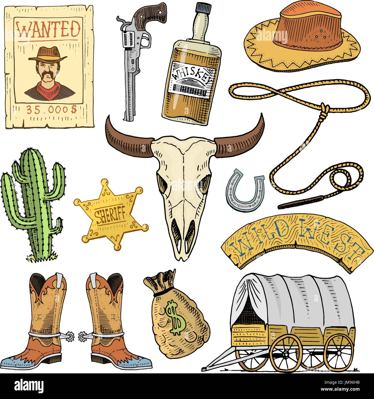 Wilder Westen, Rodeo-Show, Cowboy oder Indianer mit Lasso. Hut und Pistole, Kaktus mit Sheriffstern und Bison, Booten mit Hufeisen und Steckbrief. Hand gezeichnet in alten Skizze eingraviert oder und Vintage-Stil. Stock Vektor