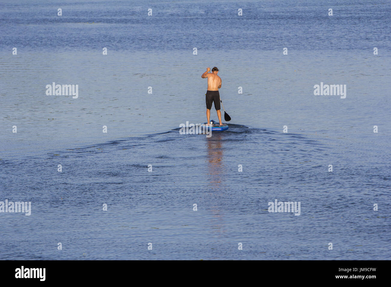 Mann auf Paddle Board paddeln, zum See Stockfoto