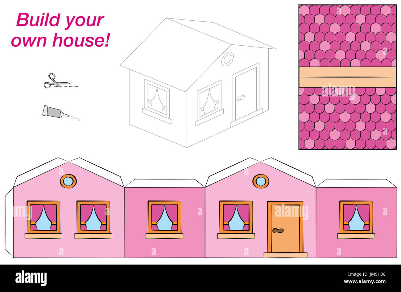 Haus-Vorlage - süße rosa Comic-Hütte - ausschneiden, Falten und kleben. Stockfoto