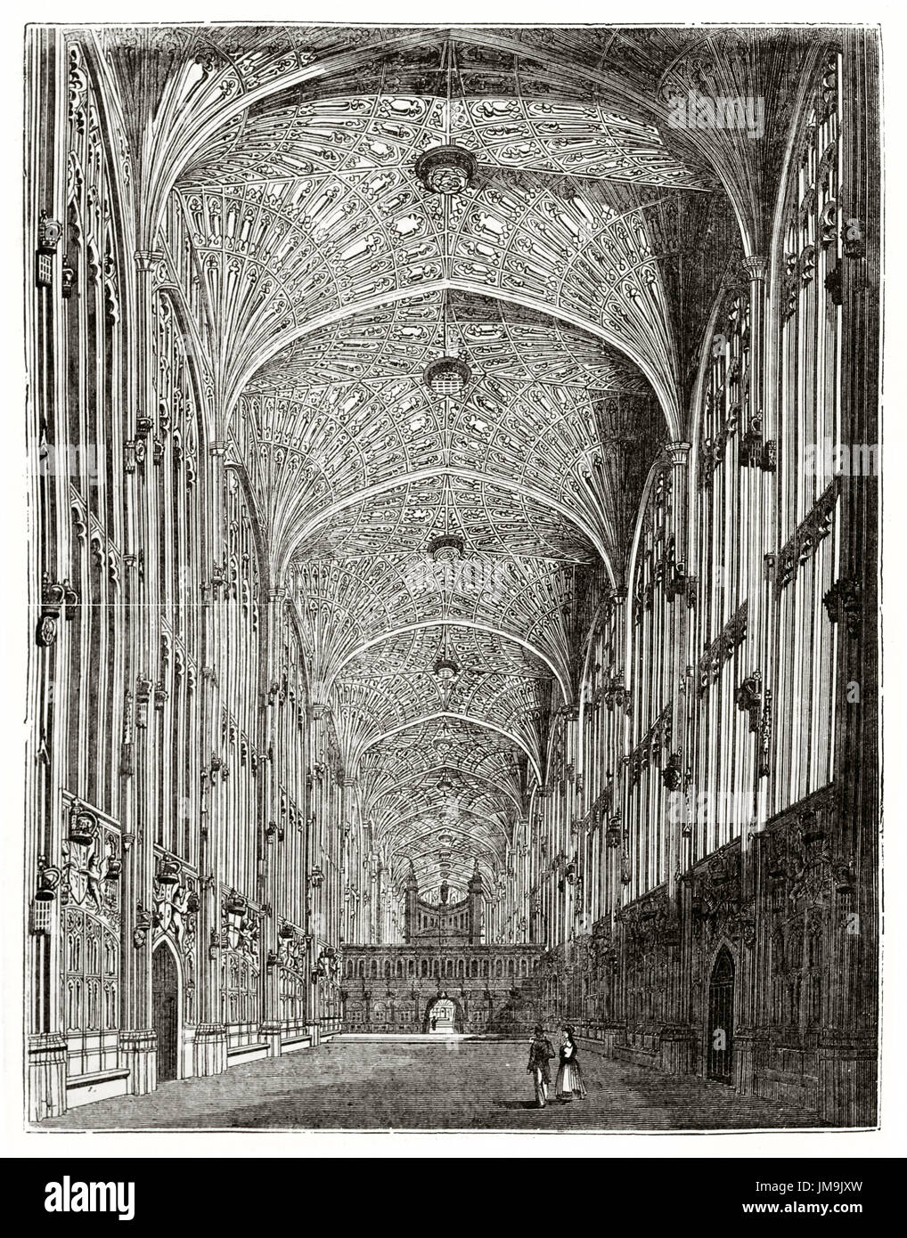 Alte Ansicht des Kings College Kapelle Interieur in Cambridge, Vereinigtes Königreich. Von unbekannter Autor veröffentlicht am Magasin Pittoresque, Paris, 1837. Stockfoto