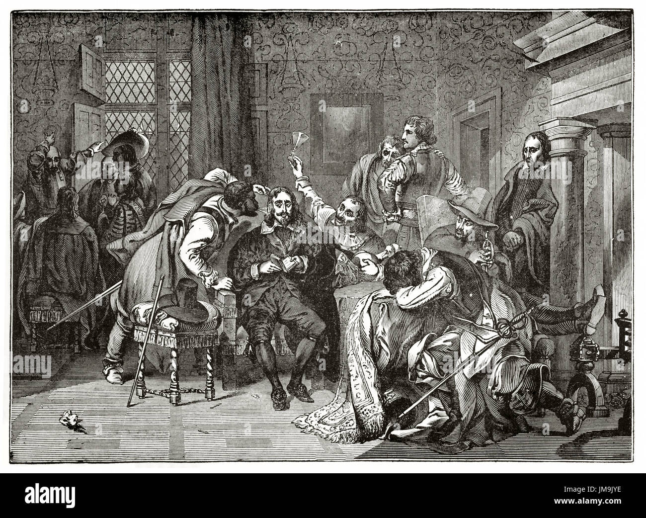 Alten graviert Reproduktion eines Gemäldes von König Charles ich beleidigt von Cromwells Soldaten. Nach Delaroche veröffentlicht am Magasin Pittoresque, P Stockfoto