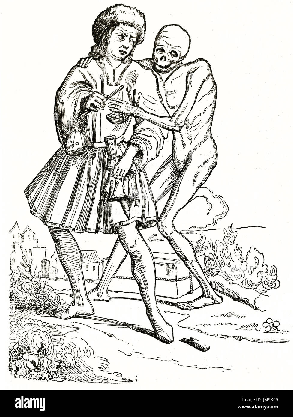 Alte Abbildung der Tanz des Todes: der Händler. Von unbekannter Autor veröffentlicht am Magasin Pittoresque, Paris, 1837 Stockfoto
