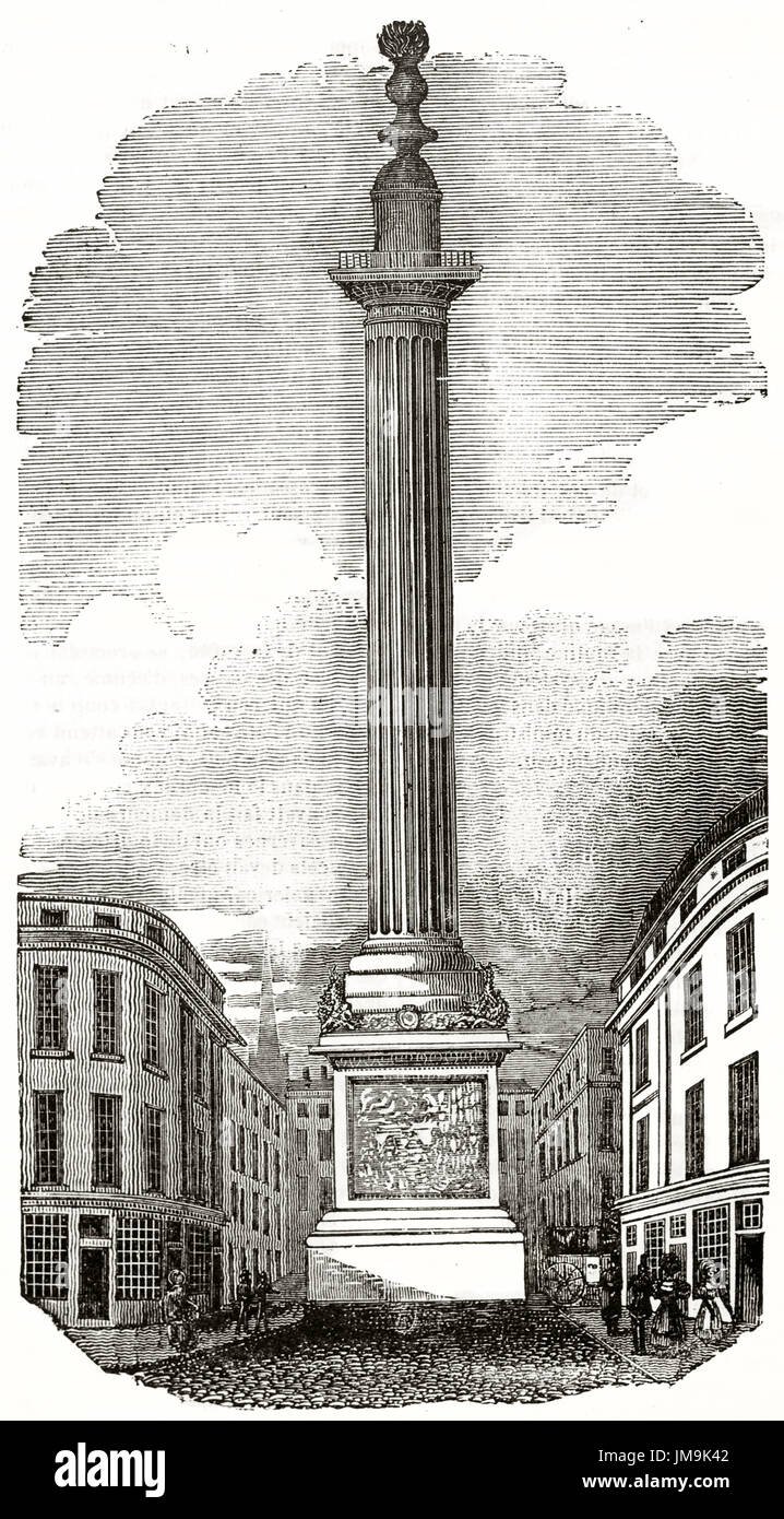 Alte Illustretion des Denkmals für den großen Brand von London. Von unbekannter Autor veröffentlicht am Magasin Pittoresque, Paris, 1837. Stockfoto