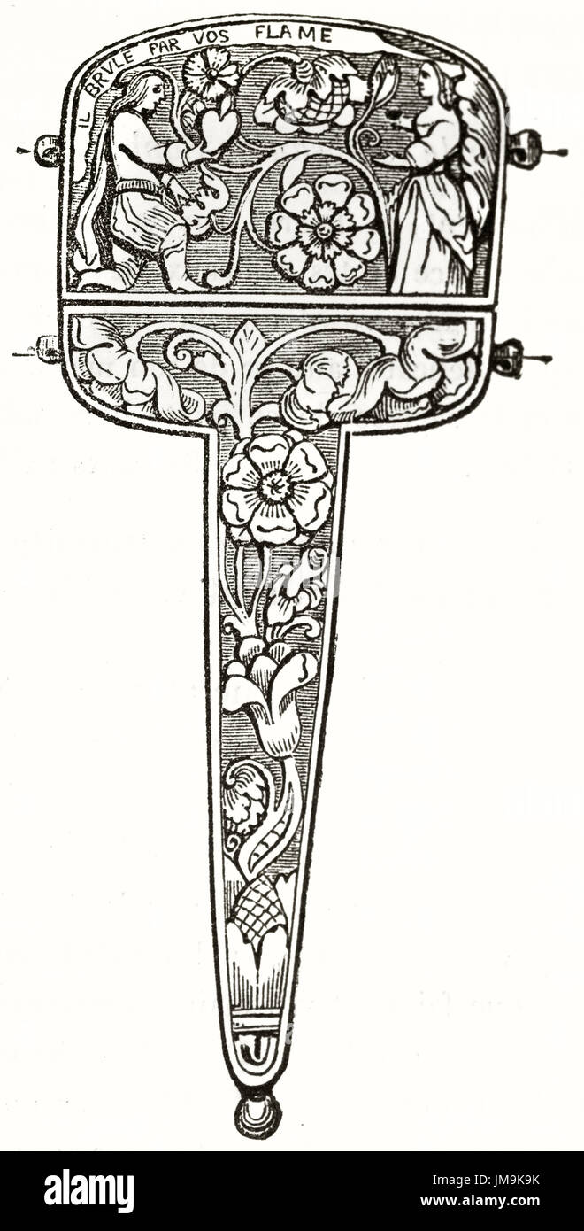 Alte Abbildung des 16. Jahrhunderts dekoriert Schere Halter in Parthenay, Frankreich gefunden. Von unbekannter Autor veröffentlicht am Magasin Pittoresque, Paris, Stockfoto