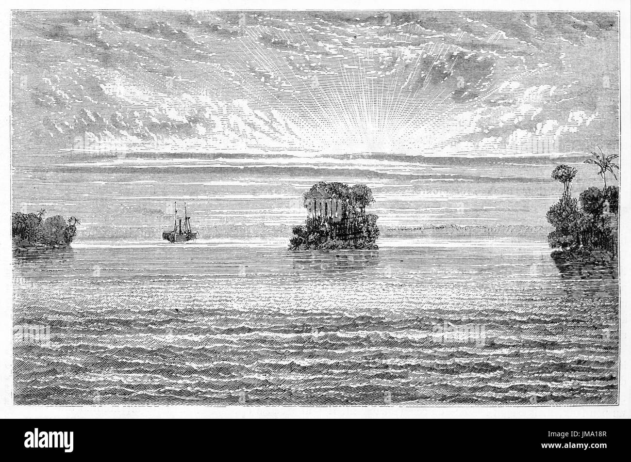 Alte Ansicht der Amazonas-Mündung. Erstellt von Riou, Spielfeld und Etherington, veröffentlicht am Le Tour du Monde, Paris, 1861. Stockfoto